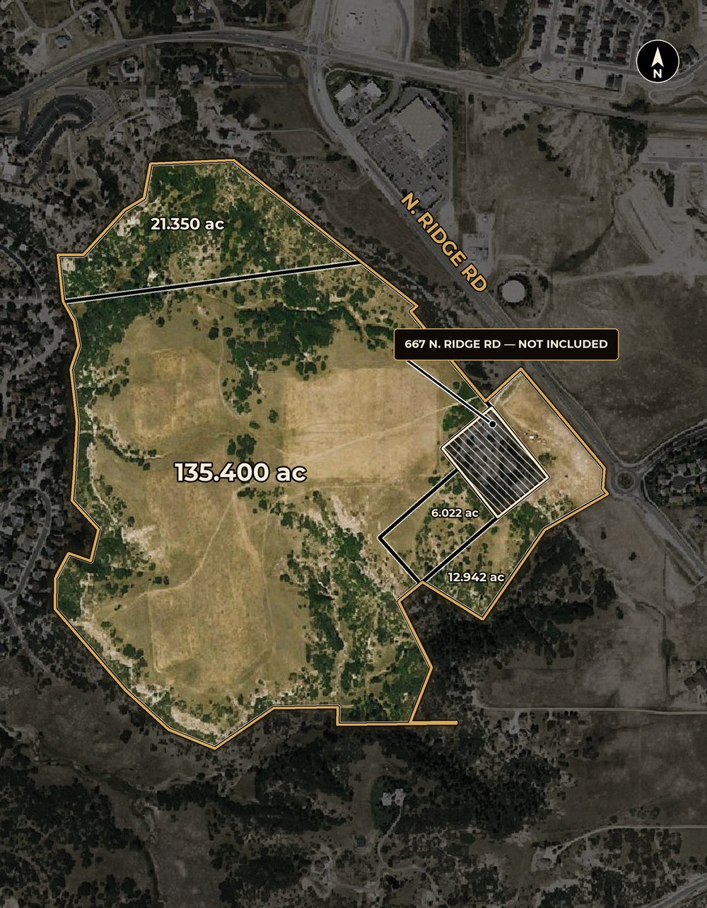 Aerial map of the ±175.71-acre property within Castle Rock town limits, showing the four contiguous parcels, North Ridge Road frontage, and the excepted 667 N. Ridge Road parcel
